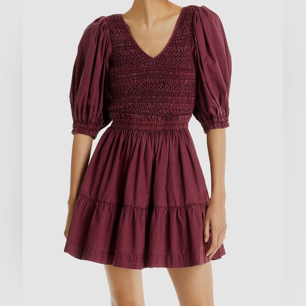 NWT $365 Sea New York Simona Smocked Bodice Puff Sleeve Mini Dress Red